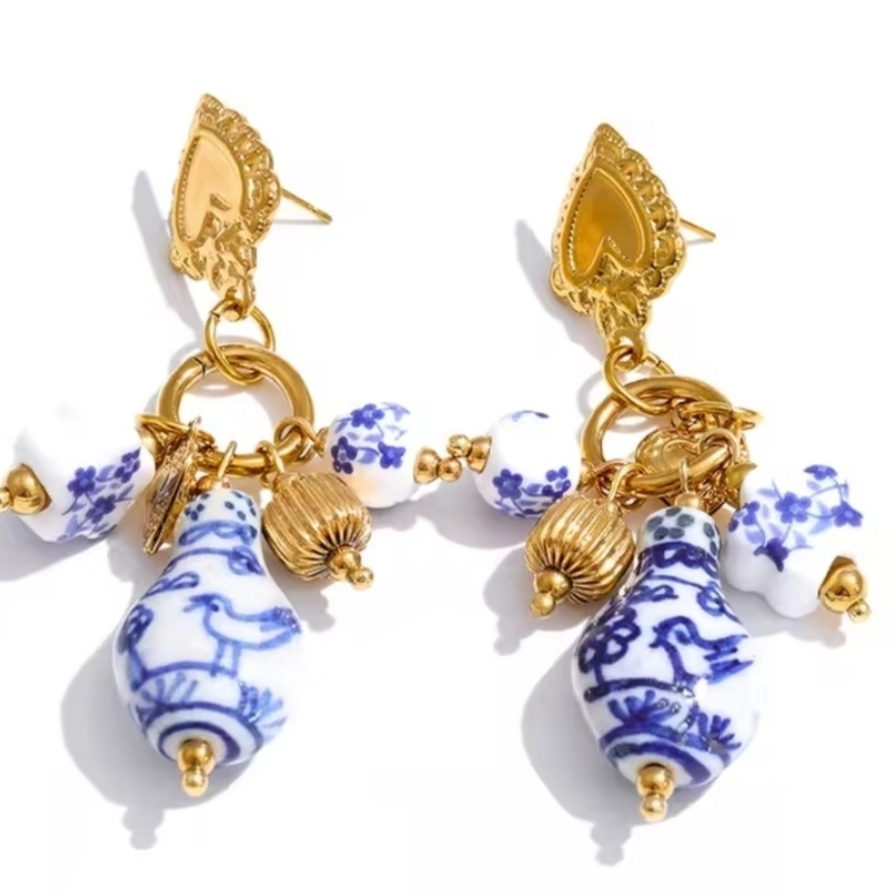 Blue Ceramic Bead Huggie Hoop Earrings - Gold Plated | NWOT